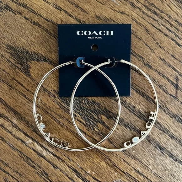 Coach Gold Jumbo Hoop Earrings With Crystal NWT - Picture 3 of 5